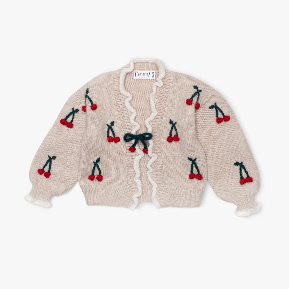 OliviMilly Cherry Embroidered Wheat Cardigan Size 4-5